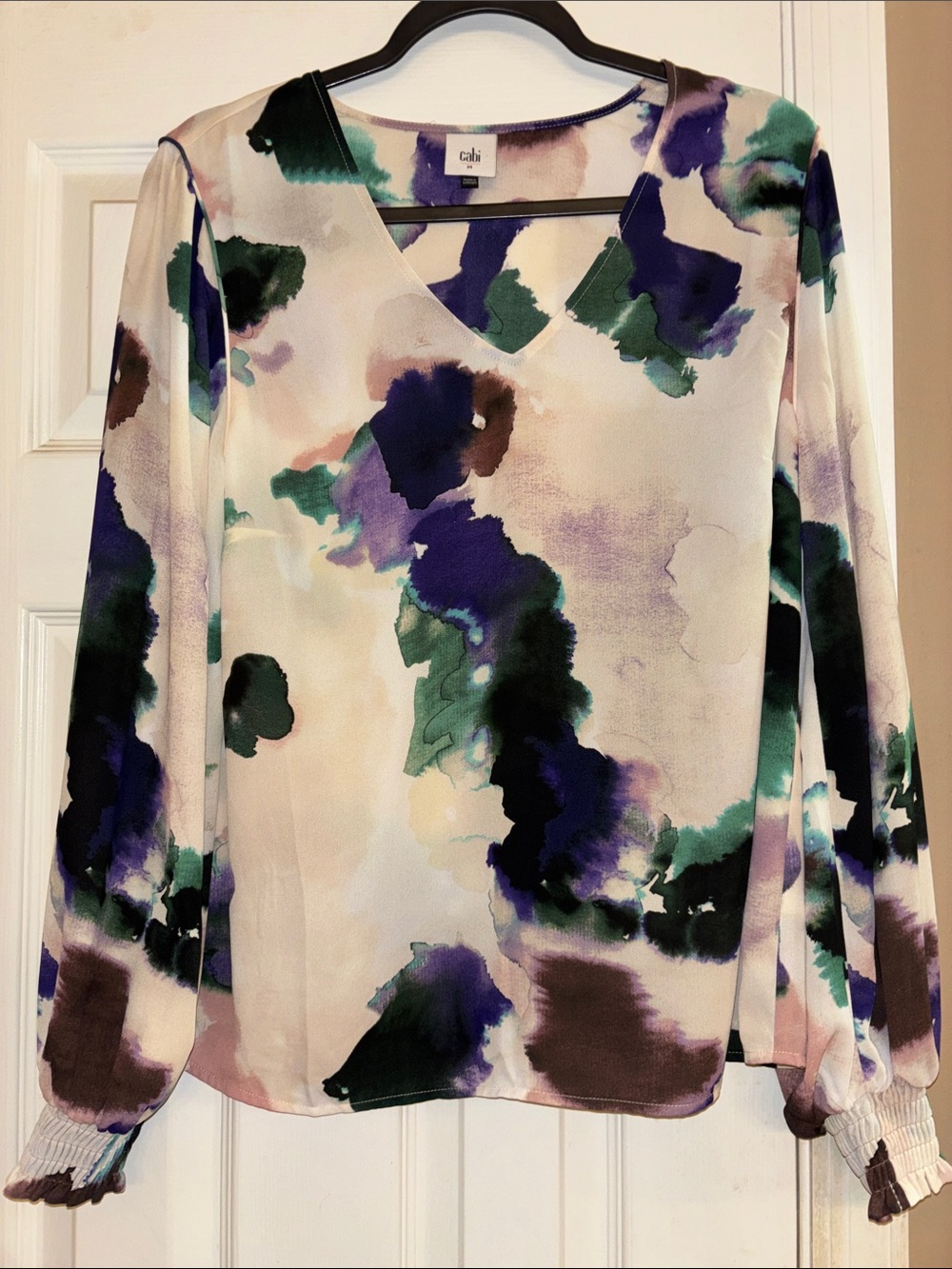 CAbi Watercolor V-Neck Blouse in Cream, Green, Purple Medium